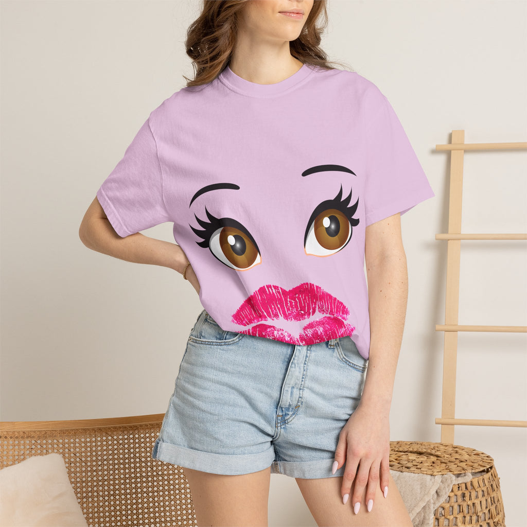 Kiss Face T-Shirt — Playful Lip Print Tee with Flirty Eyes
