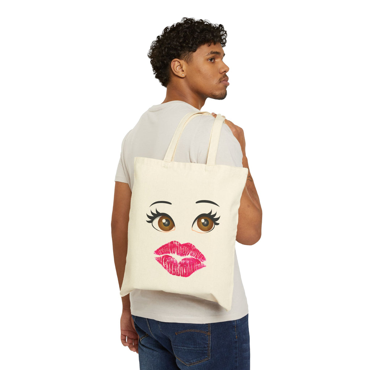 Kiss Me Face Canvas Tote - Cute Lips & Eyes Reusable Bag