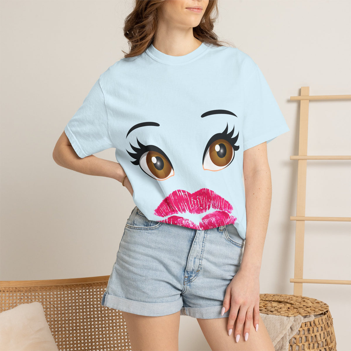 Kiss Face T-Shirt — Playful Lip Print Tee with Flirty Eyes