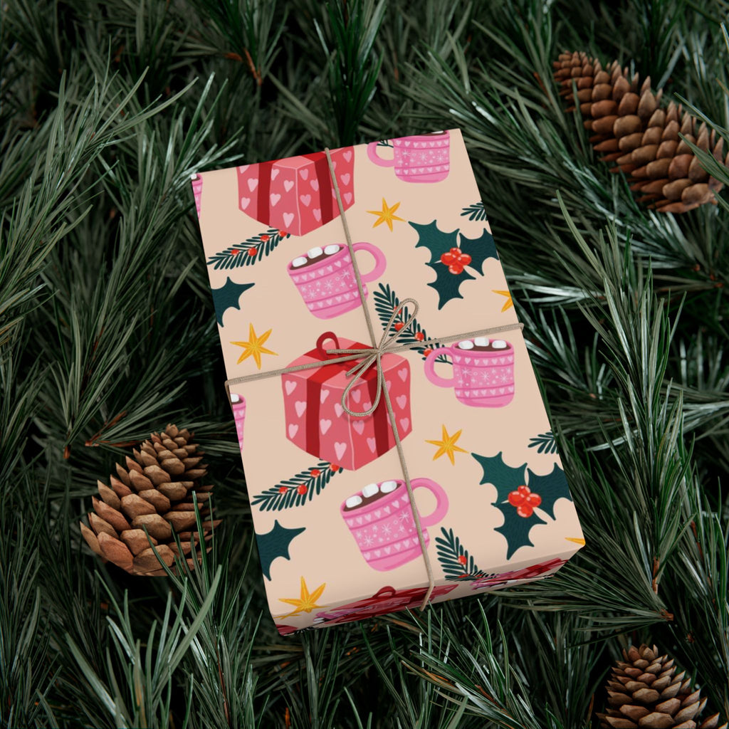 Christmas Hot Cocoa Gift Wrap Paper — Festive Holly & Present Wrapping Sheet