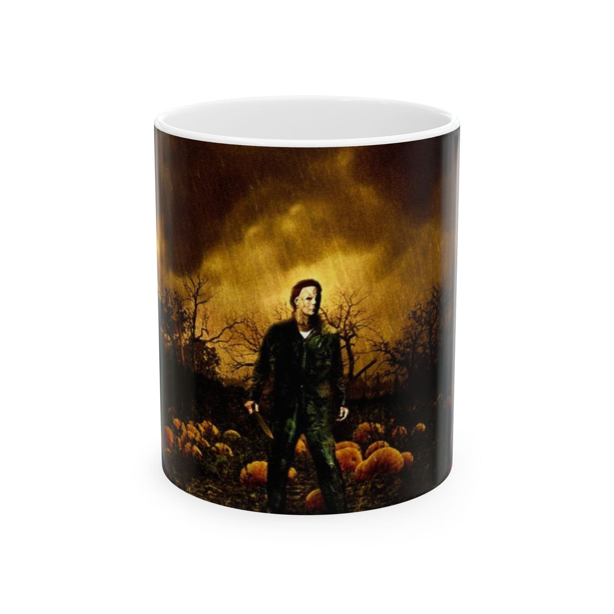 Halloween Horror Pumpkin Field Mug — Spooky Michael-Style Thriller Coffee Cup (11oz/15oz)