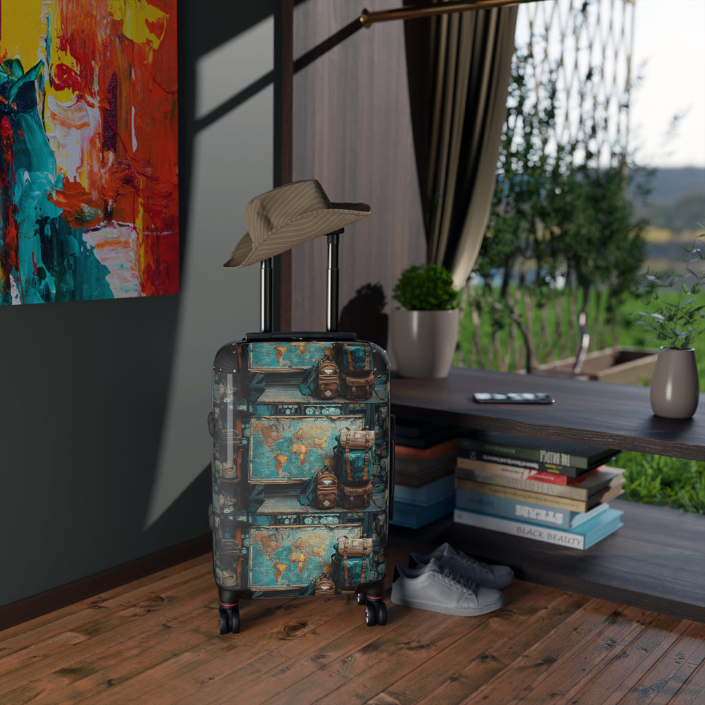 Vintage Map & Backpack Print Suitcase — Retro Travel Luggage