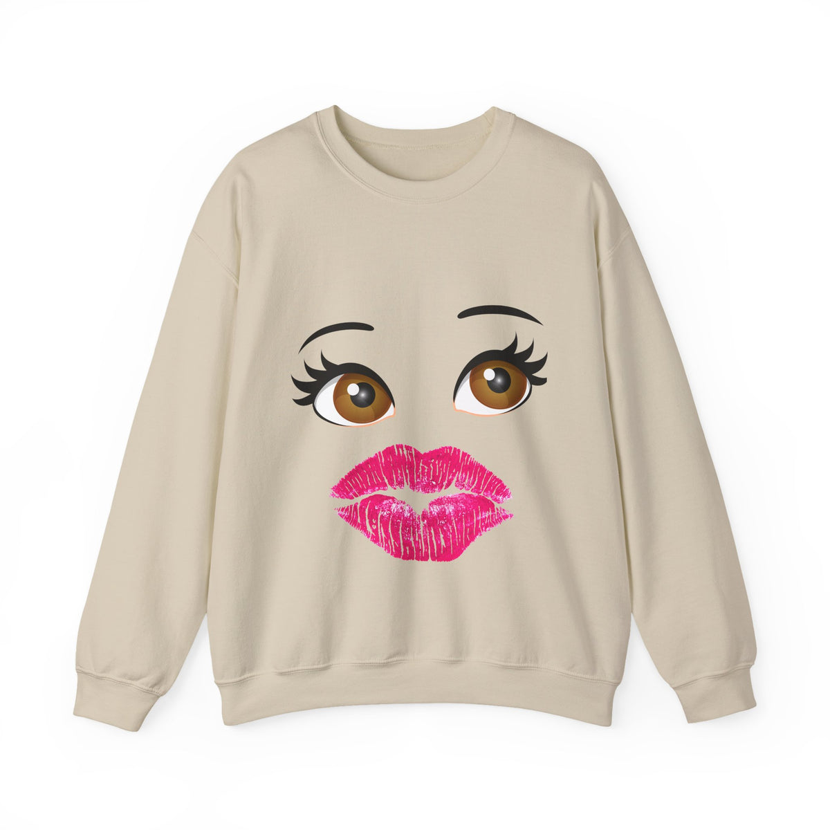 Kiss Face Crewneck Sweatshirt – Cute Big Eyes & Pink Lip Print