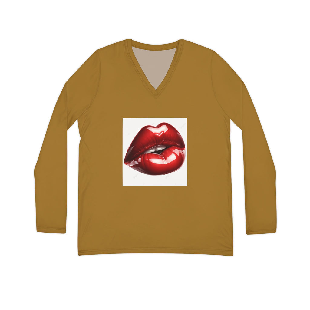 Women's V‑Neck Long Sleeve Top — Red Glossy Lip Front with 'love' Script Back