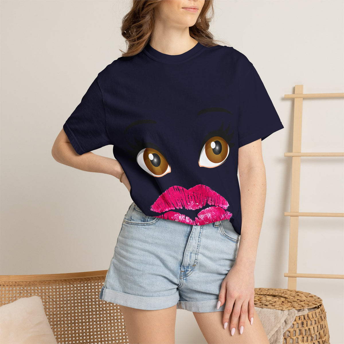 Kiss Face T-Shirt — Playful Lip Print Tee with Flirty Eyes