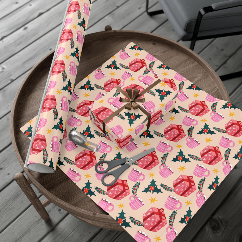 Christmas Hot Cocoa Gift Wrap Paper — Festive Holly & Present Wrapping Sheet