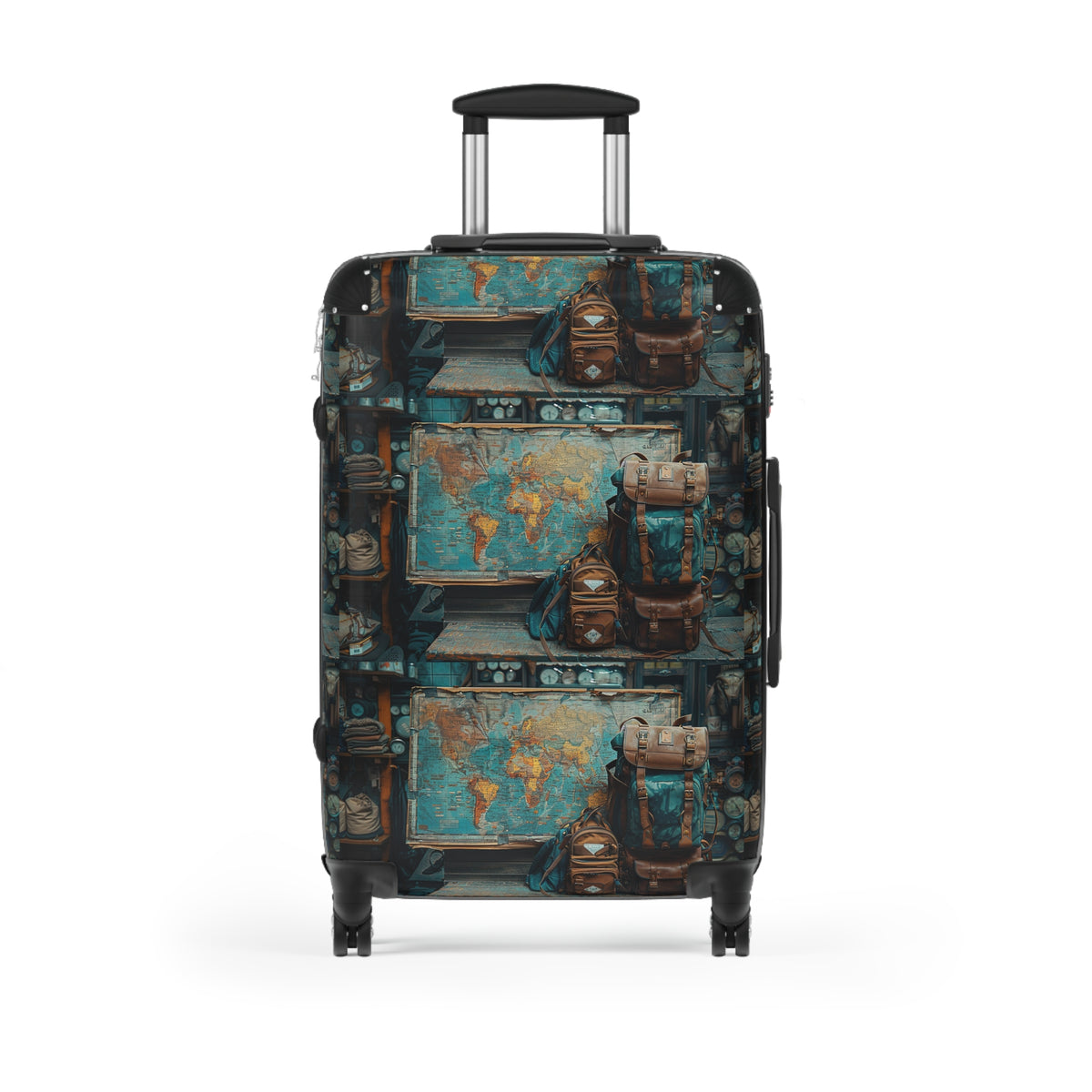 Vintage Map & Backpack Print Suitcase — Retro Travel Luggage