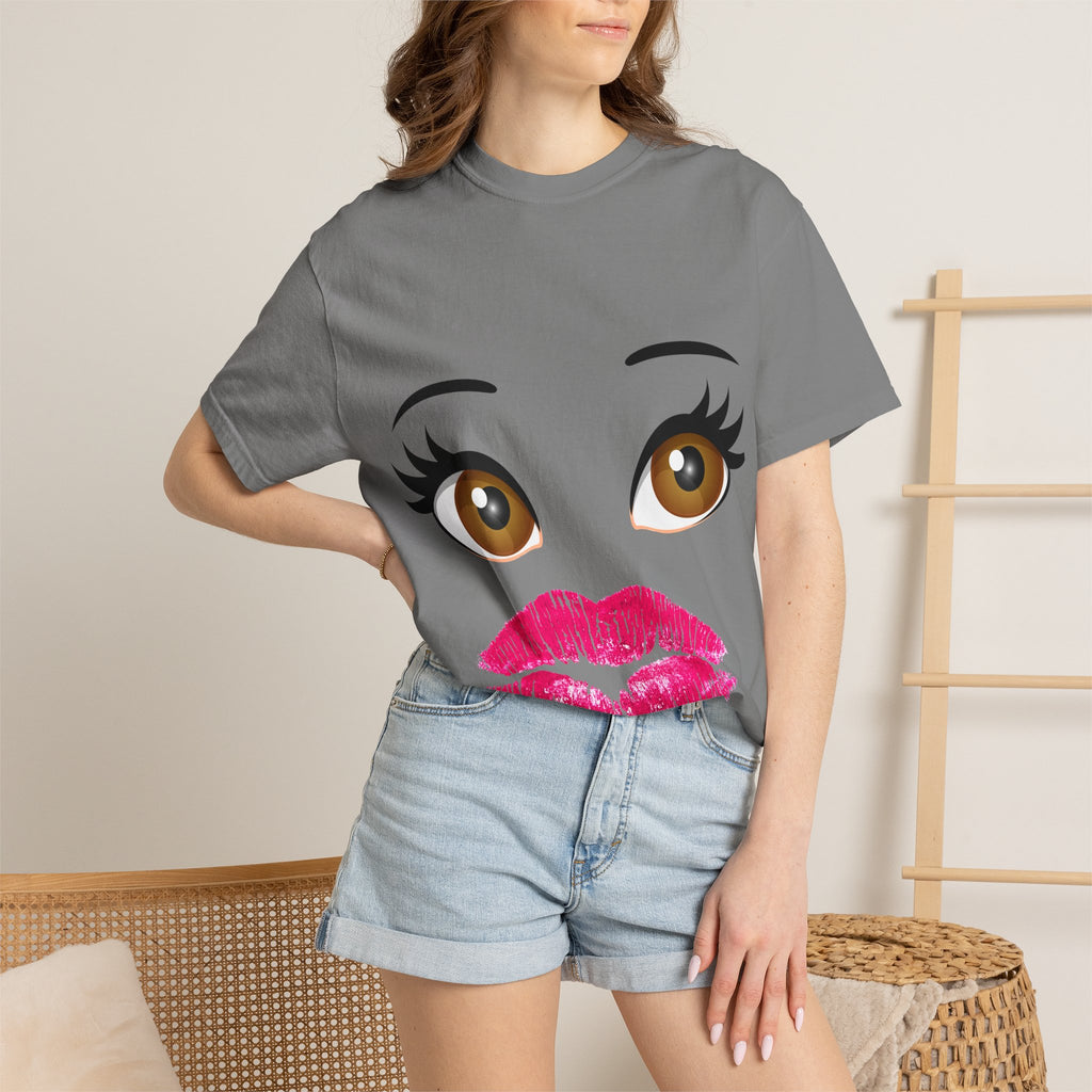 Kiss Face T-Shirt — Playful Lip Print Tee with Flirty Eyes