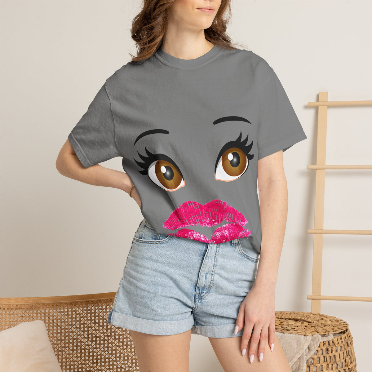 Kiss Face T-Shirt — Playful Lip Print Tee with Flirty Eyes