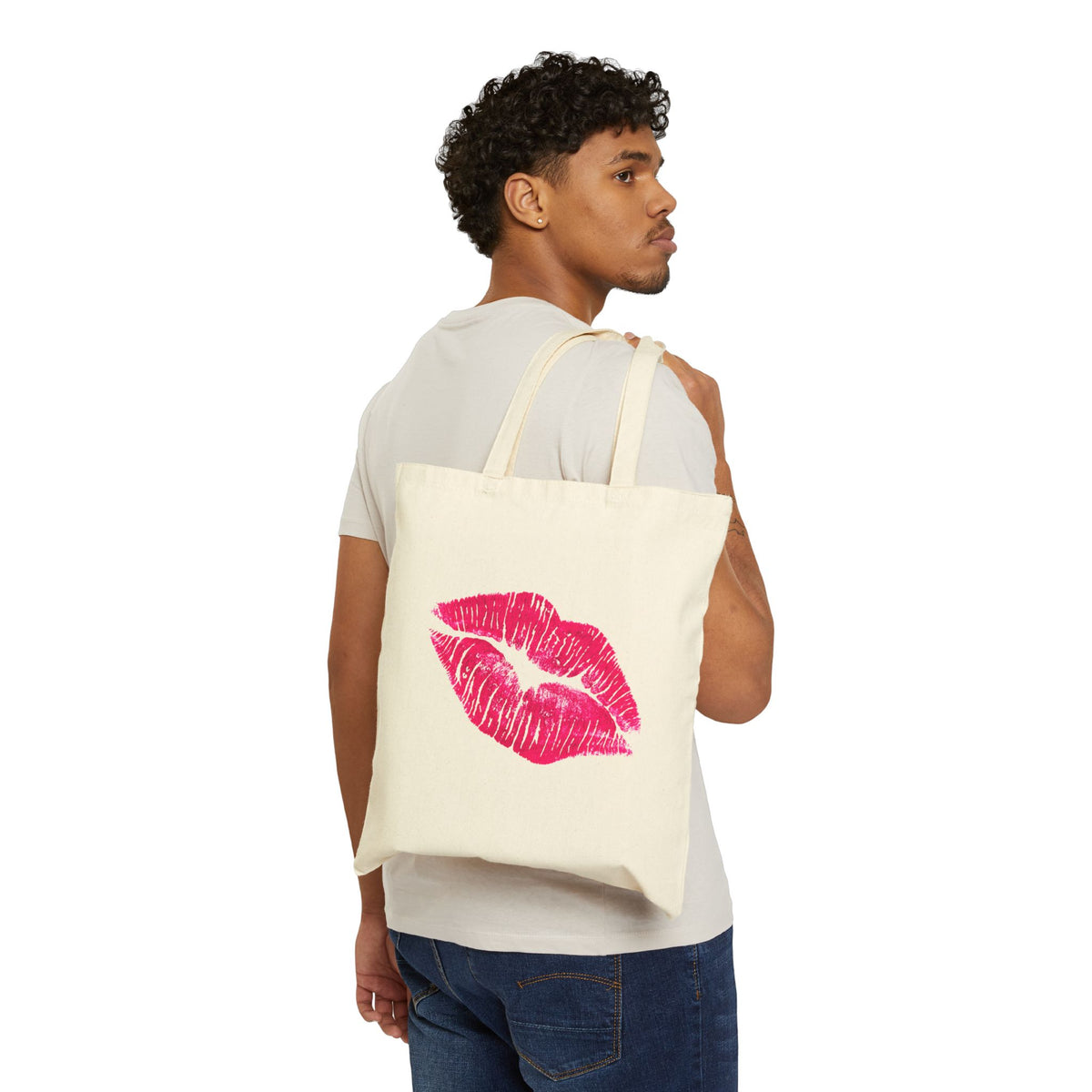 Kiss Me Face Canvas Tote - Cute Lips & Eyes Reusable Bag