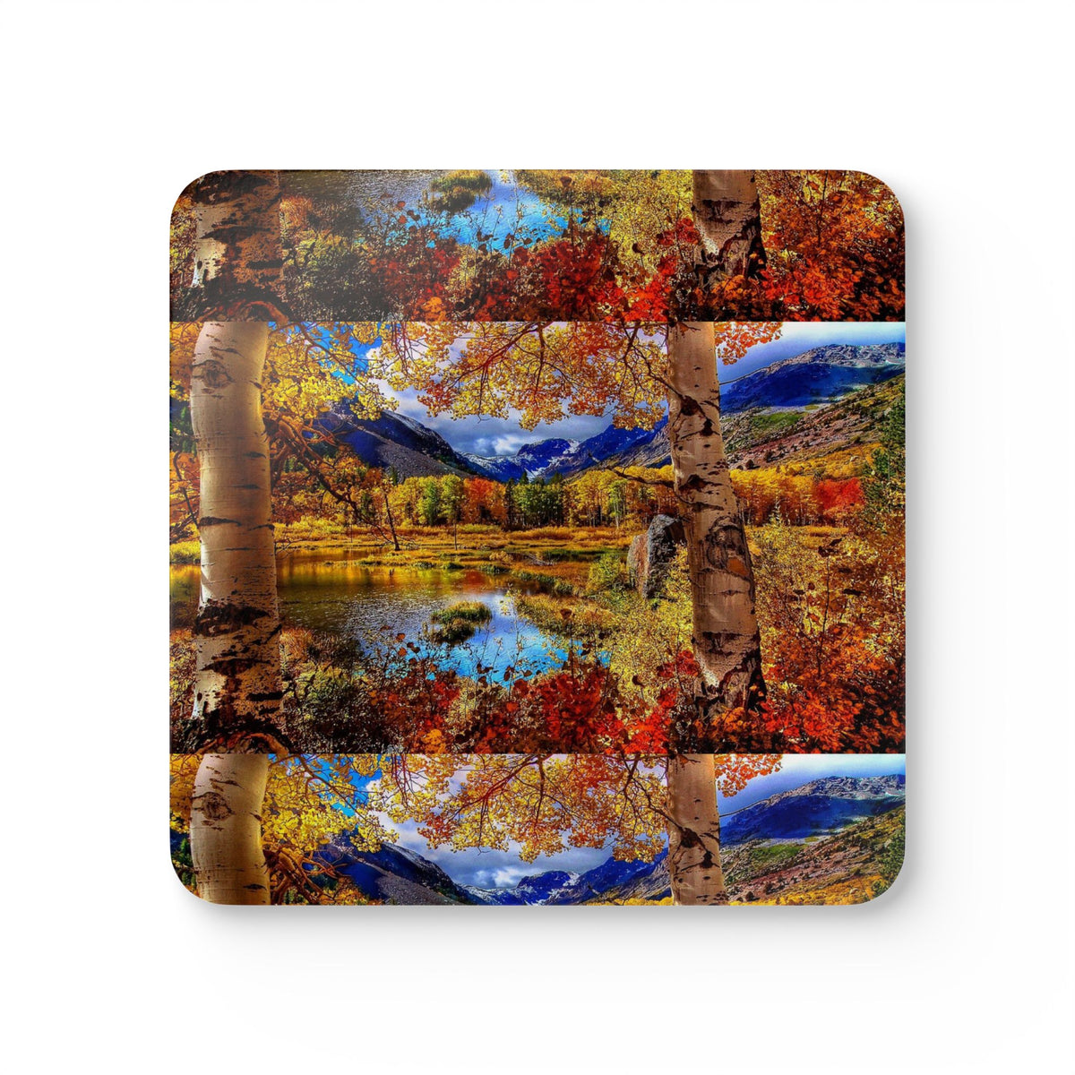 Autumn Aspen Lake Cork Coaster Set — Scenic Fall Landscape Drink Coasters (4-Pack)