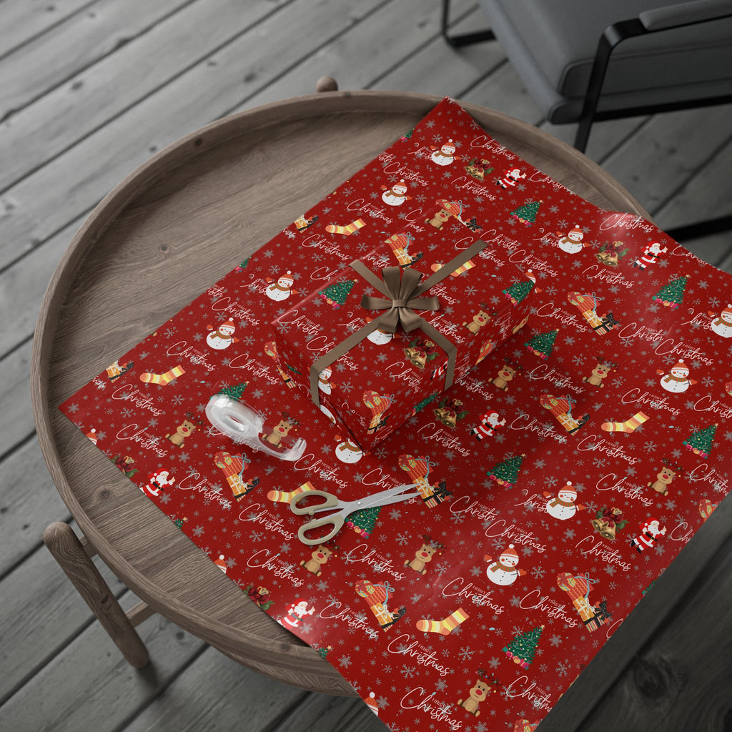 Christmas Pattern Wrapping Paper – Red Snowman, Reindeer & Tree Holiday Gift Wrap