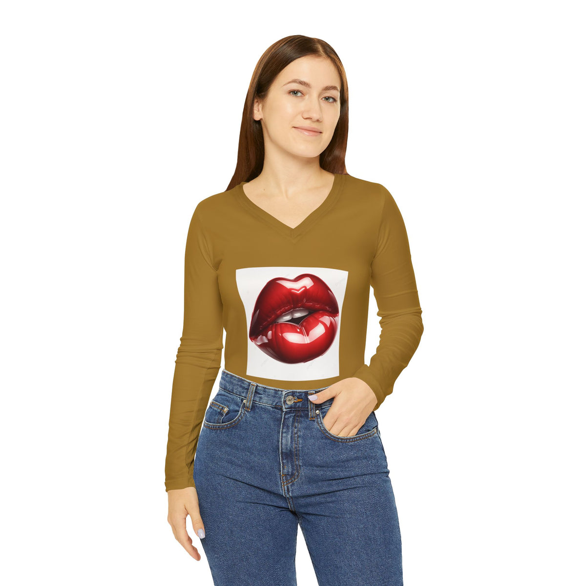 Women's V‑Neck Long Sleeve Top — Red Glossy Lip Front with 'love' Script Back