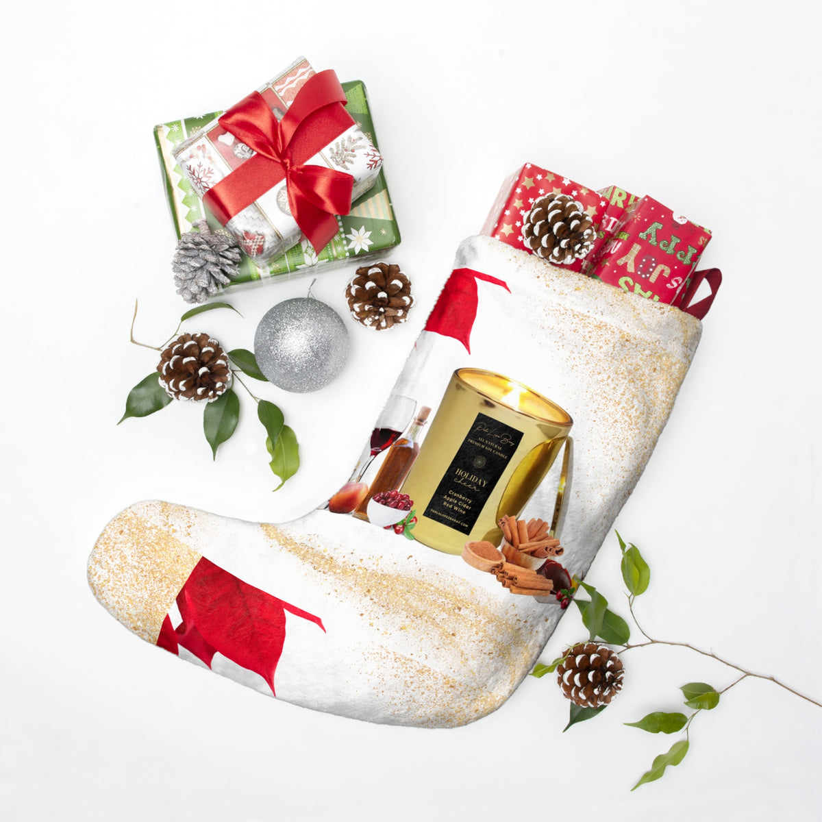 Christmas Stocking with Wine and Candle Holiday Gift Design