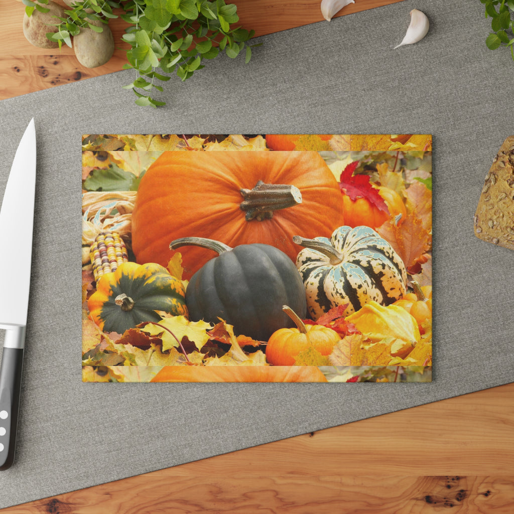 Autumn Harvest Glass Cutting Board – Pumpkin & Gourd Fall Kitchen Decor