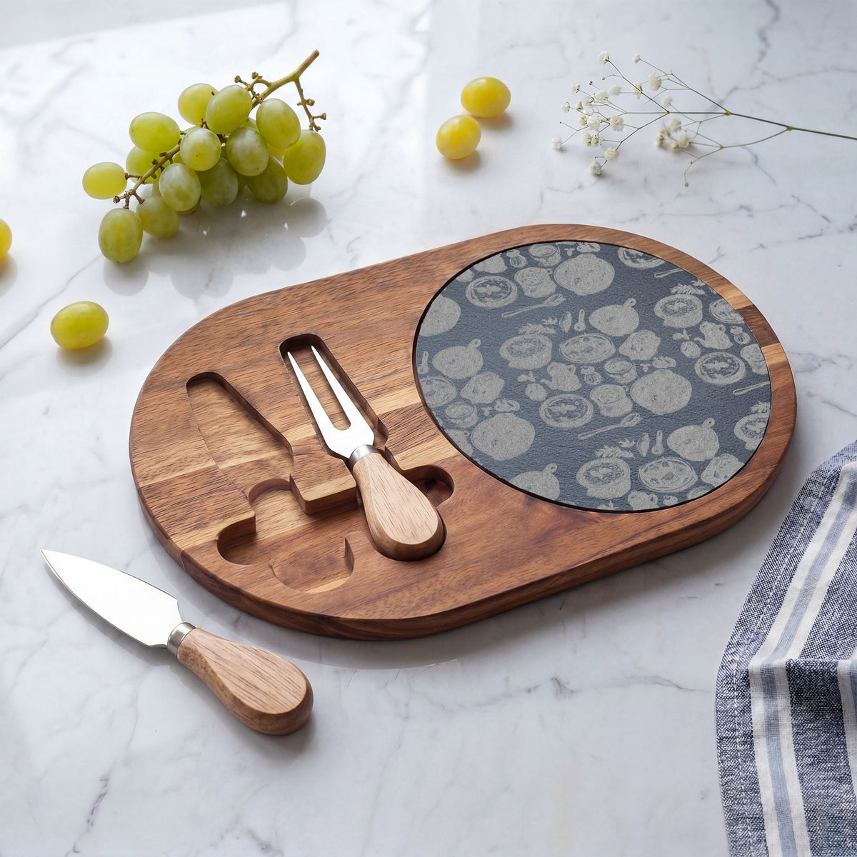 Engraved Bamboo Charcuterie Board with Cheese Knives — Floral Slate Inlay